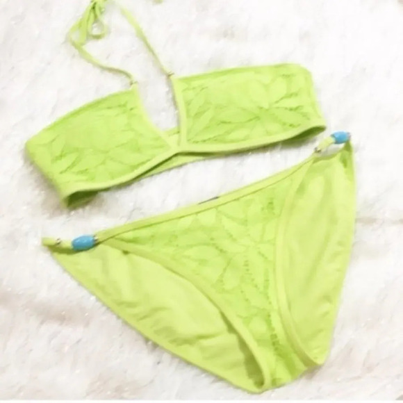Aerie lace beaded bottom bikini SET neon turquoise colored beads. - Picture 1 of 4
